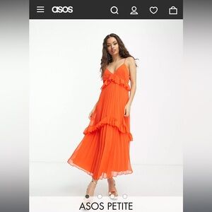 ASOS DESIGN Petite strappy pleated midi dress with frills in orange